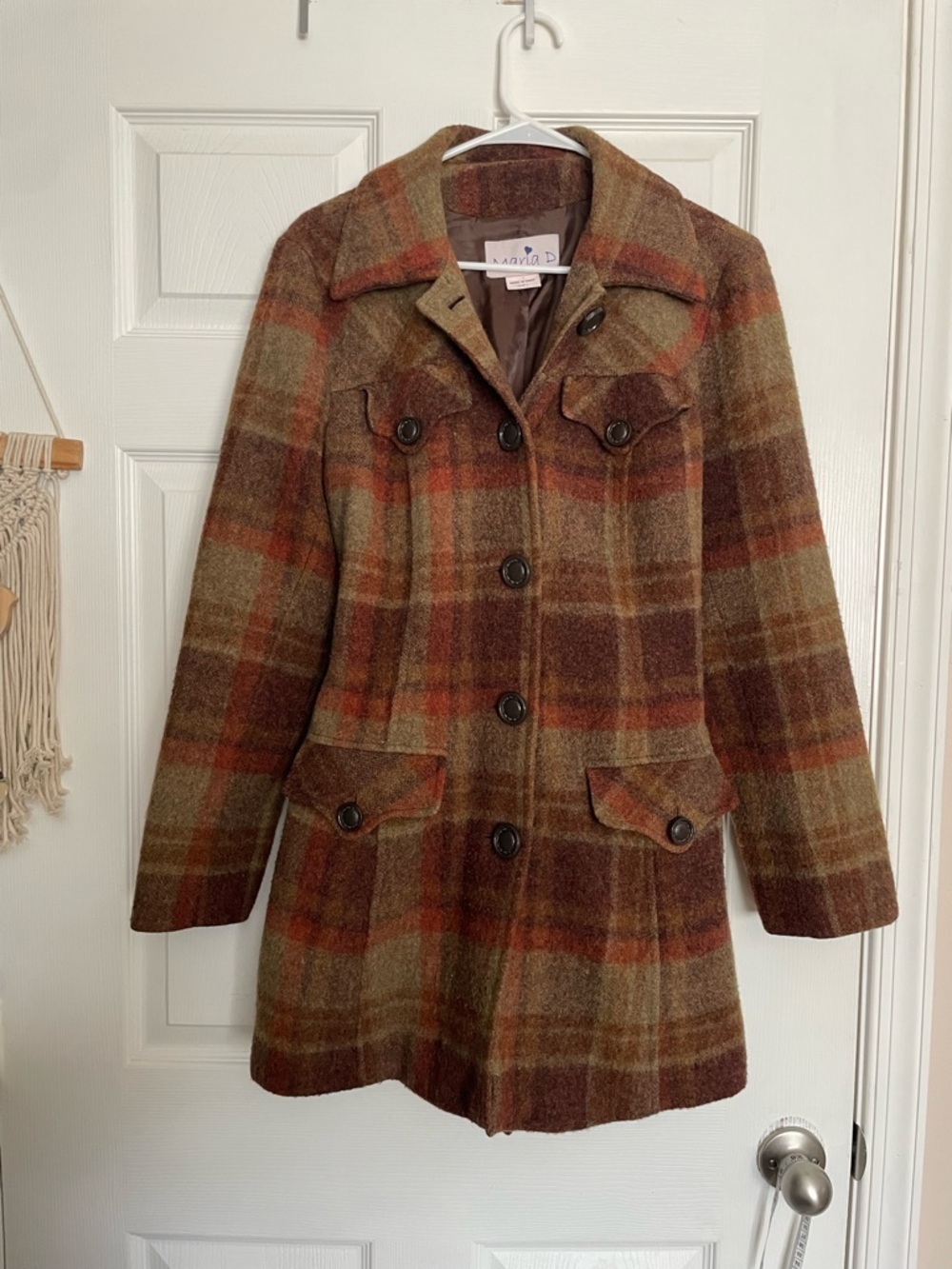 Maria D Women's size Large Plaid Wool Blend Coat - Brown Multi Color